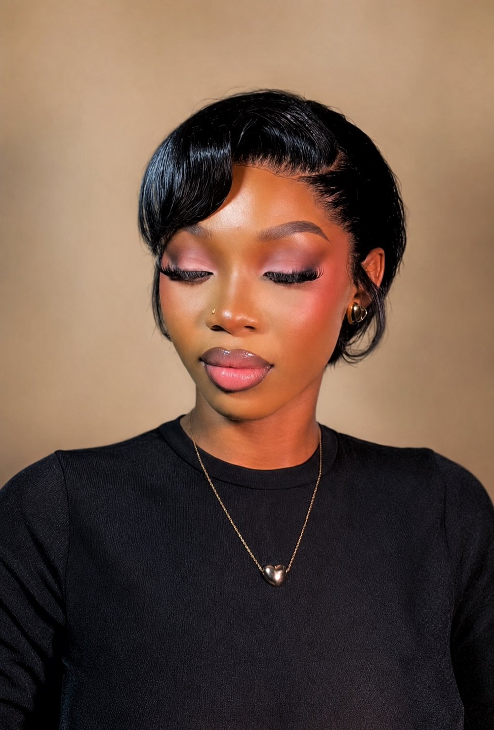 Glam makeup by glamby_meemah, warm-toned soft glam with pixie cut and heart necklace
