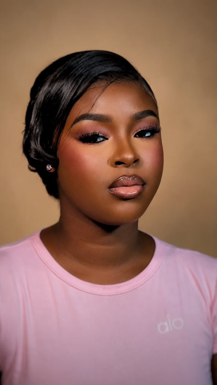 Glam makeup by glamby_meemah, soft everyday glam with sleek updo and pink top